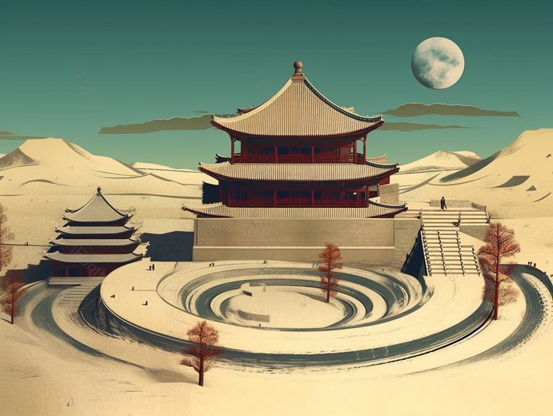 敦煌古城月牙泉鸣沙山山坡上的古风城楼建筑和小树背景插画,插画/手绘图,插画/手绘图库,插画/手绘图下载,插画/手绘